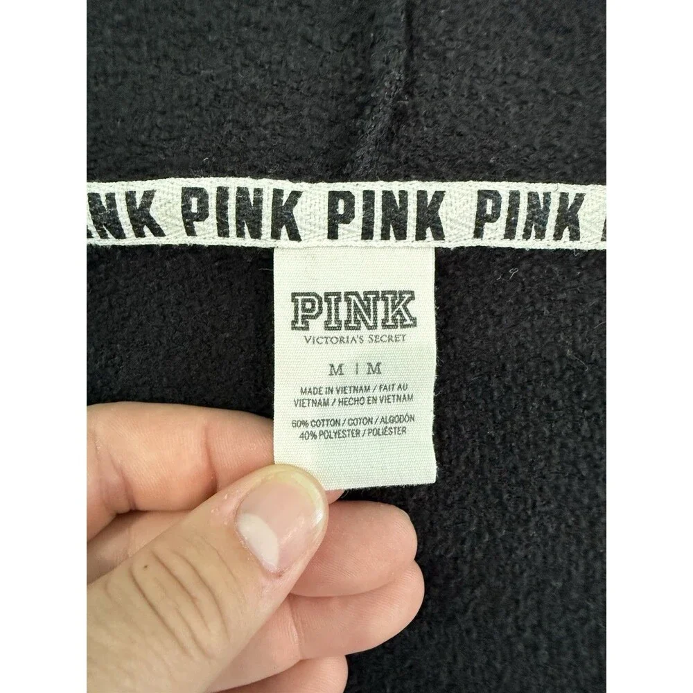 Victoria's Secret PINK Hoodie Womens M Black White Logo Sweatshirt Stripes - Picture 6 of 7